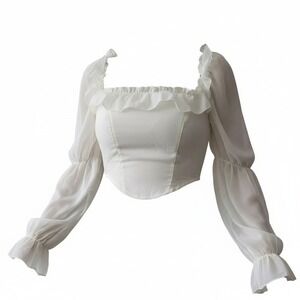 Small Off White Shoulder Peasant Pirate Ruffle Blouse Square Neck Tie Corset
